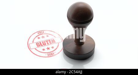 GLUTEN FREE stamp. Wooden round rubber stamper and stamp with text gluten free isolated on white background. 3d illustration Stock Photo