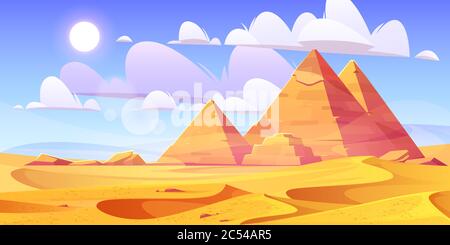 Egyptian desert with pyramids. Vector cartoon illustration of landscape with yellow sand dunes, ancietn pharaoh tombs, hot sun and clouds in sky. Background with pyramids in Egypt desert Stock Vector