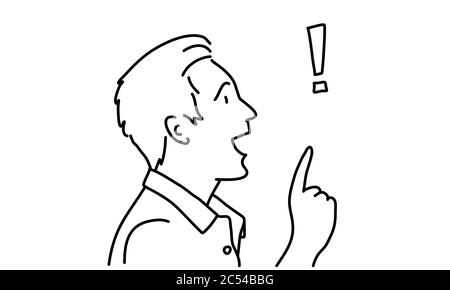 Line drawing of young businessman exclamation mark. Profile. Vector illustration. Stock Vector