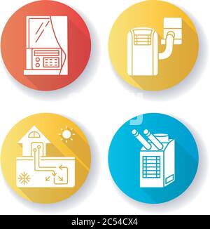 Home conditioning flat design long shadow glyph icons set Stock Vector