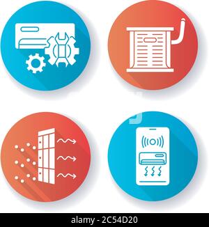 Heating and conditioning flat design long shadow glyph icons set Stock Vector