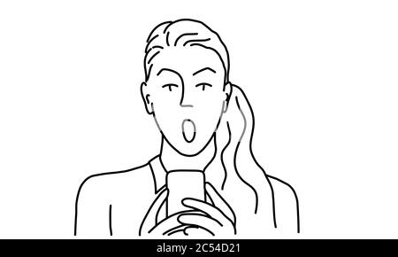 Line drawing of surprised young woman using smart phone. Vector illustration. Stock Vector