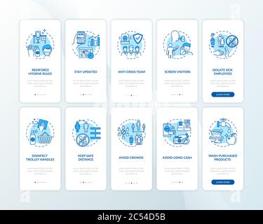 Virus protection guidelines onboarding mobile app page screen with concepts set Stock Vector