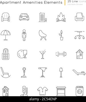 Apartment amenities linear icons set Stock Vector
