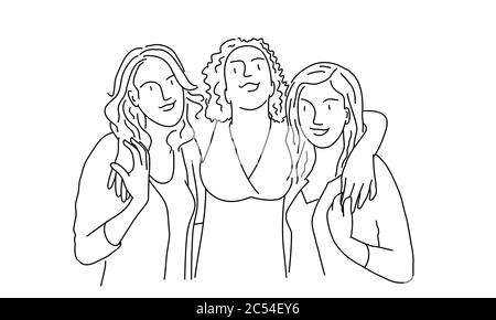 Line drawing of cheerful girls embracing each other. Tourism, travel, people. Vector illustration. Stock Vector