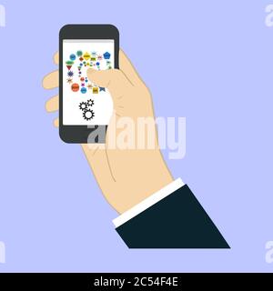 Touch screen finger - creative vector illustration in flat style. Human hand of surface display. SEO - search engine optimization. Icons set. Design e Stock Vector