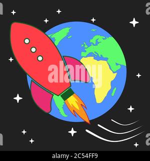 vector stylized retro rocket ship in space Stock Vector