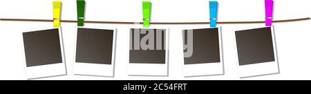 Photo Frames on Rope with colored clothespins. Vector Illustration Stock Vector