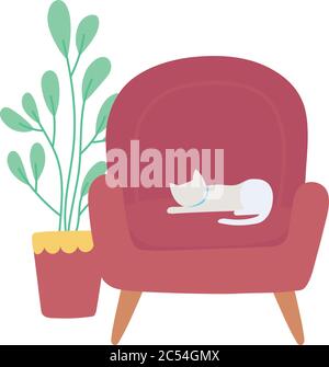 sleeping cat in chair and potted plant isolated icon white background vector illustration Stock Vector