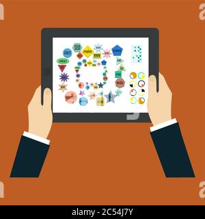 Touch screen finger - creative vector illustration in flat style. Human hand of surface display. SEO - search engine optimization. Icons set. Design e Stock Vector