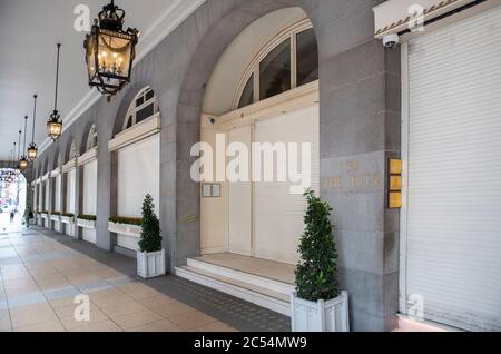 30 June 2020. The Ritz Hotel Arcade frontage shuttered during Coronavirus lockdown in Piccadilly,  London UK Stock Photo
