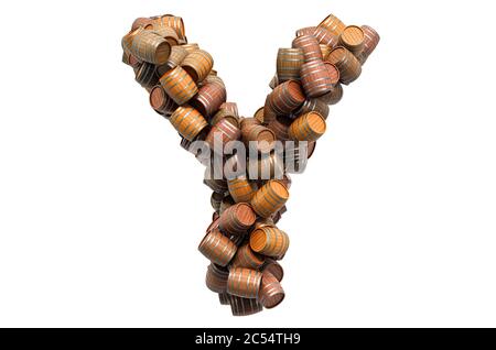 Letter Y from wooden barrels, 3D rendering isolated on white background Stock Photo