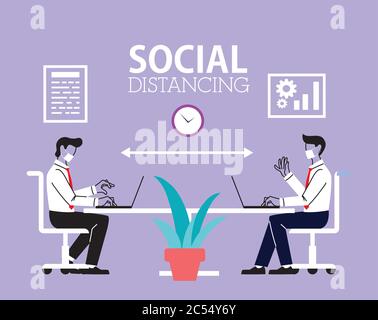 Office distancing between men with masks and desk design of Covid 19 ...