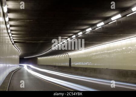 Car light trails at Geary-Masonic Road Tunnel in San Francisco Stock Photo