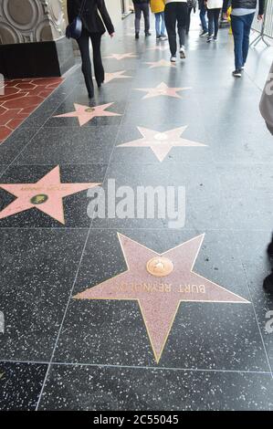 The Hollywood Walk of Fame comprises more than 2,600 five-pointed terrazzo and brass stars embedded in the sidewalks along 15 blocks of Hollywood Boul Stock Photo