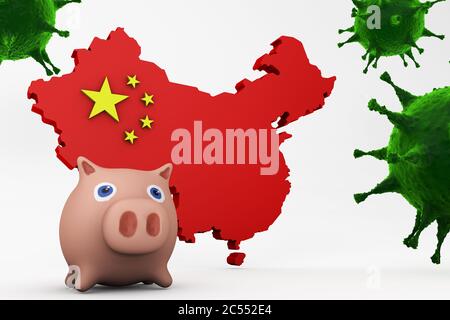 3D Illustration Map of China with new G4 H1N1 pig virus. Stock Photo