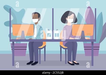 People maintaining social distancing in various places like office meetings & art gallery to stop spreading of coronavirus from one person to another. Stock Vector