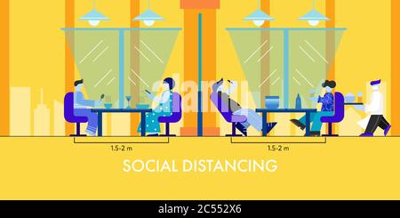 People maintaining social distancing in various places like office meetings & art gallery to stop spreading of coronavirus from one person to another. Stock Vector