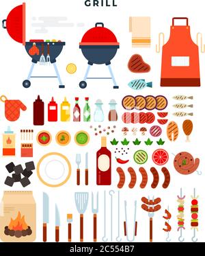 All for grill, big set of elements. Different special tools and food for barbecue party. Vector illustration. Stock Vector