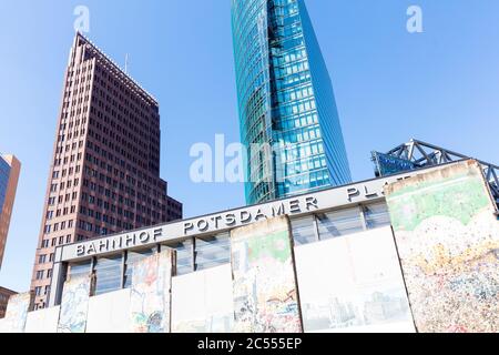 Potsdamer Platz, former inner German border, parts of the wall, skyscrapers, house facade, city life, city center, Berlin, Germany Stock Photo