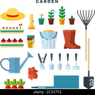 Gardening tools and equipment, flat icons set. Collection of elements for working in the garden, vector illustration. Stock Vector