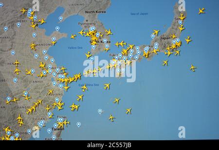 air traffic over southeast Asia  on Internet with Flightradar 24 site by Svenska Resenätverket AB ( 01 july 2020. Coronavirus period Stock Photo