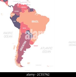 South America map. High detailed political map South American continent with country, ocean and sea names labeling. Stock Vector