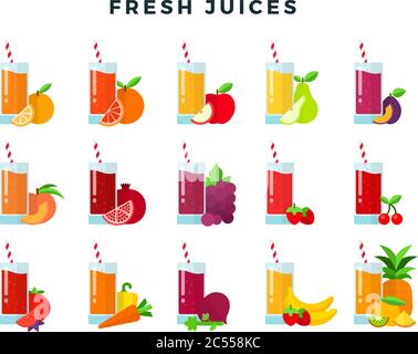 Set of fruit and vegetable juices isolated on white Stock Vector
