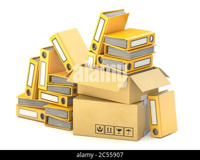 Bunch of yellow file folders in cardboard boxes 3D render illustration isolated on white background Stock Photo