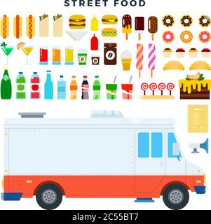 Street food, set of elements in a flat style. Food truck and various food and drinks, isolated on white. Vector illustration. Stock Vector