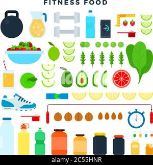 Fitness food and sport equipment for keeping fit, set. Healthy eating and fitness lifestyle. Vector illustration in flat style. Stock Vector