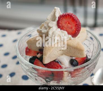 Delicious homemade strawberry shortcake with strawberries. blueberries, vanilla ice cream, whipped cream and garnished with a sliced berry. Close-up. Stock Photo