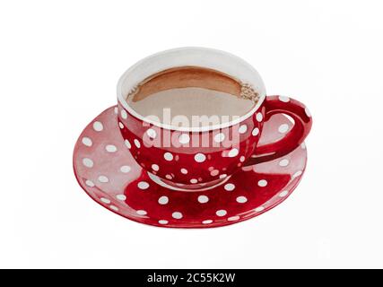 Watercolour painting illustration of a cup of coffee in a red spotted cup Stock Photo