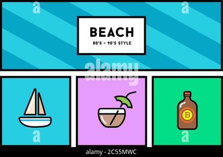 Vector 80s or 90s Stylish Icon Set with Retro Colours Stock Vector