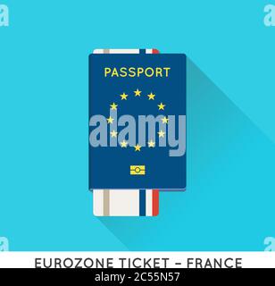 Eurozone Europe Passport with tickets vector illustration. Air Tickets with EU National Flag. Stock Vector