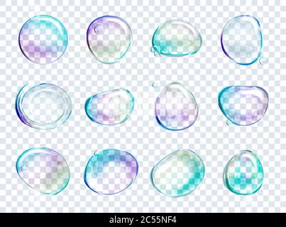 Vector Rainbow Soap Water Bubbles Set. Transparent Isolated Realistic Design Elements. Can be used with any Background. Stock Vector