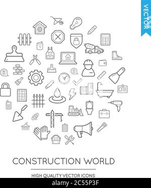 Vector Set of Construction Modern Flat Thin Icons Inscribed in Round Shape Stock Vector