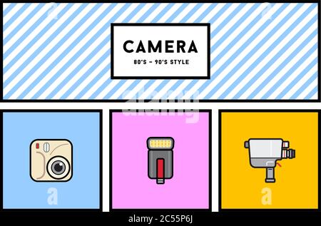 Vector 80's or 90's Stylish Photo Camera Icon Set with Retro Colors Stock Vector