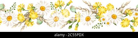 Vector horizontal seamless border with white daisies and yellow wild flowers and ears of wheat. Stock Vector