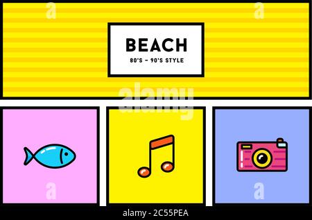 Vector 80s or 90s Stylish Icon Set with Retro Colours Stock Vector
