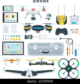 Different types of drones and their control tools, side and top view. Quadcopter and all necessary accessories. Vector illustration. Stock Vector
