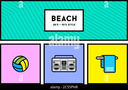 Vector 80s or 90s Stylish Icon Set with Retro Colours Stock Vector