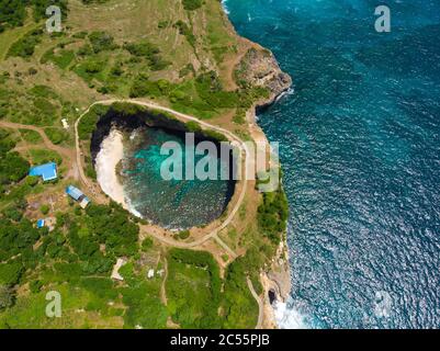 Broken beach in Nusa Penida island. Drone view. Stock Photo
