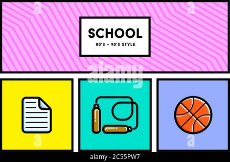 Vector 80's or 90's Stylish School Education Icon Set with Retro Colors Stock Vector