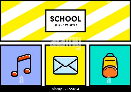 Vector 80's or 90's Stylish School Education Icon Set with Retro Colors Stock Vector