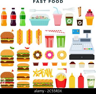 Colorful set of fast food products. Collection for fast food cafe, restaurant. Vector illustration, isolated on white background. Stock Vector