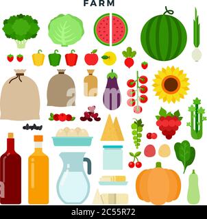 Flat farming set with farm products farmhouse farmers and equipment ...
