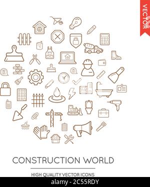 Vector Set of Construction Modern Flat Thin Icons Inscribed in Round Shape Stock Vector