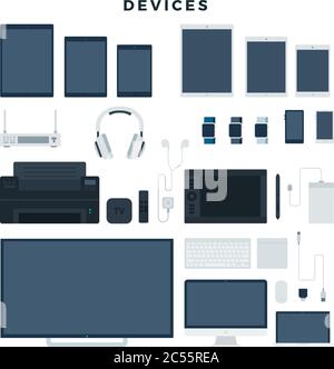 Modern electronic devices, set. Popular gadgets for office and home use. Vector illustration, isolated on white background. Stock Vector