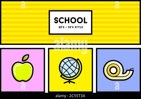 Vector 80's or 90's Stylish School Education Icon Set with Retro Colors Stock Vector